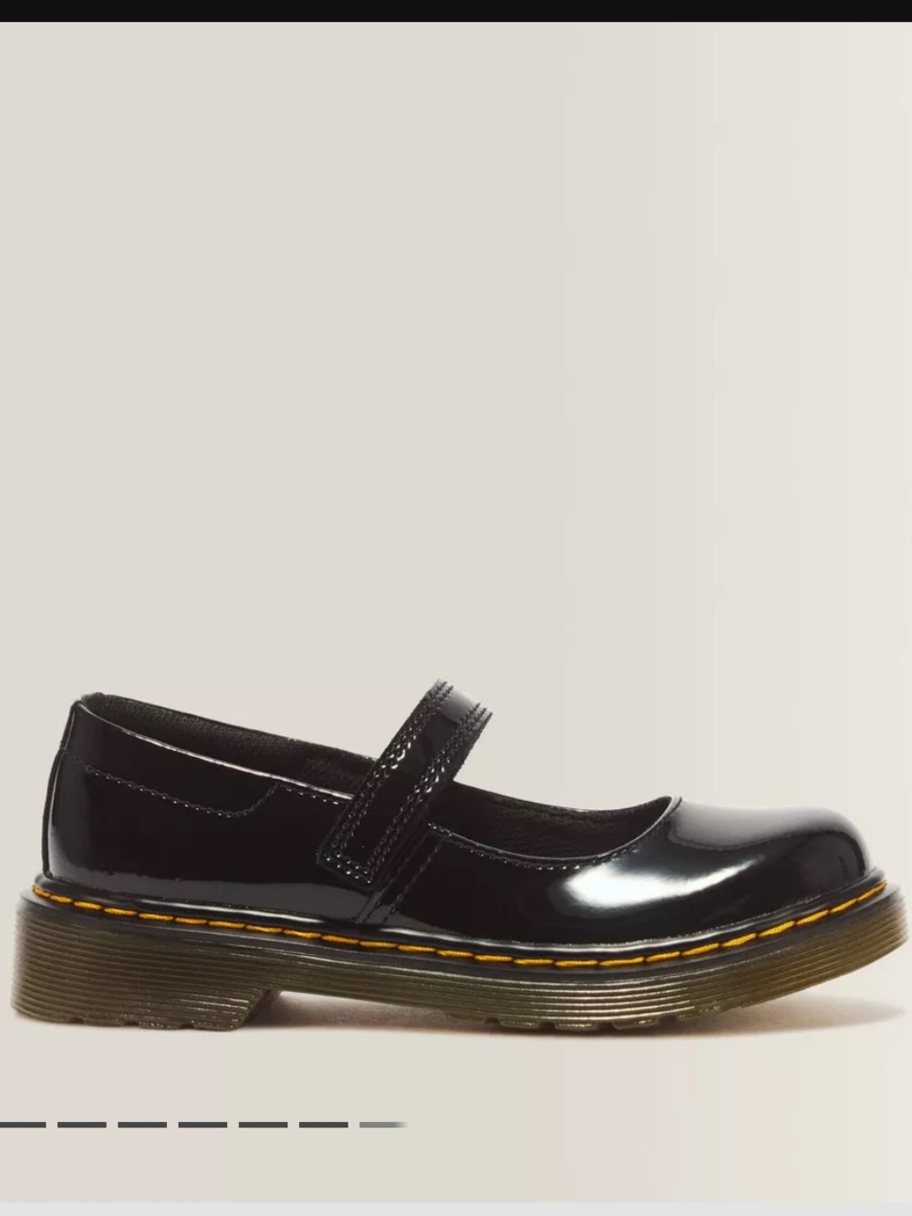 Dr. Martens Girls Black Patent Mary Jane Shoes with Yellow Stitching